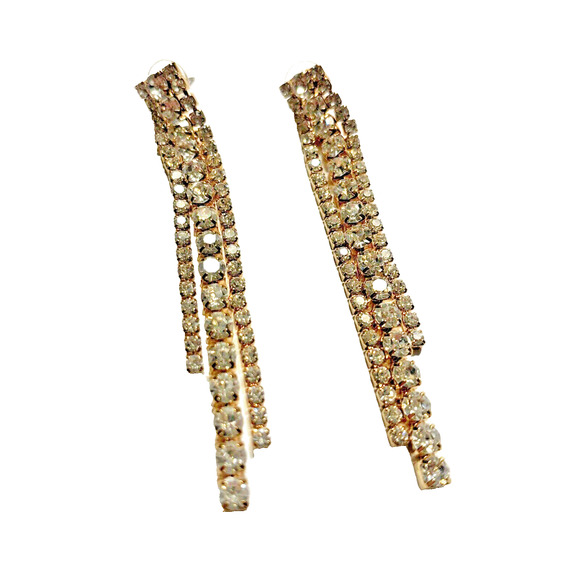 Pierced Earrings Dripping White Rhinestones Goldtone Hollywood Glam Runway Chic - Picture 1 of 8